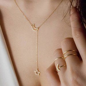 Dainty Gold Moon & Star Lariat Necklace